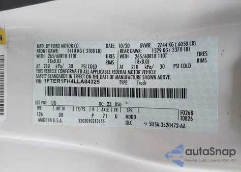 2020 Ford Ranger Lariat из США, поврежденный, VIN 1FTER1FH4LLA84325